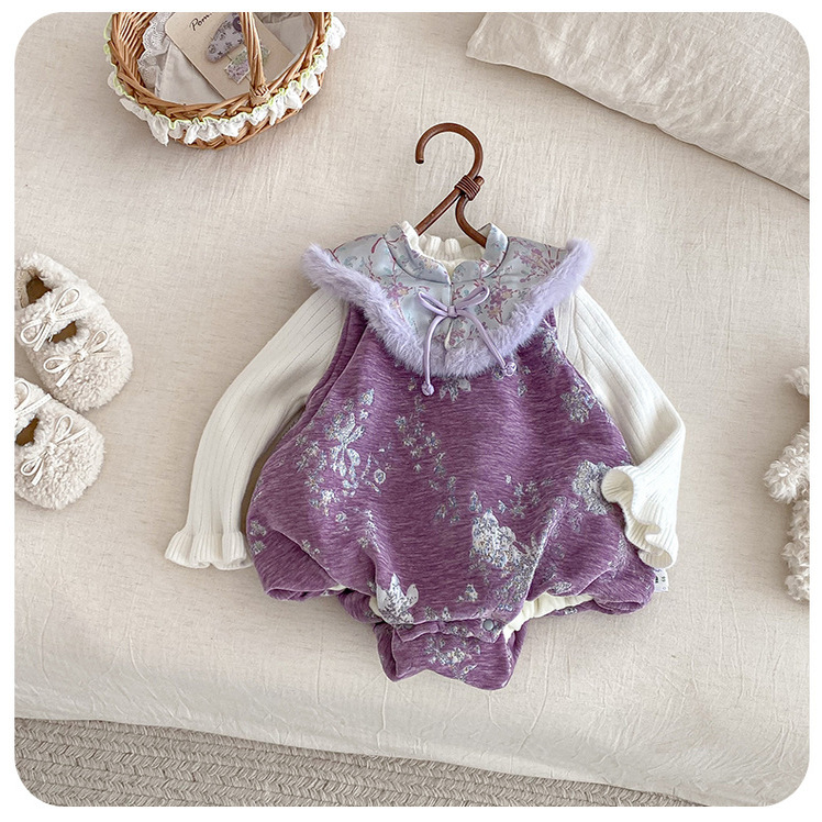 女童冬季新款加绒中国风爬服套装