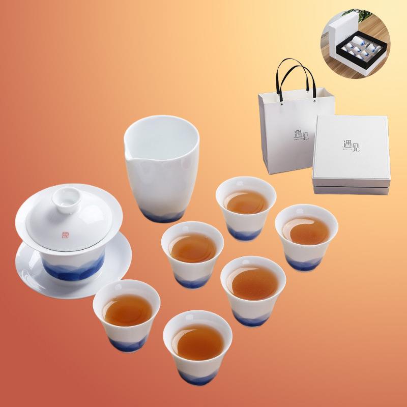 手绘白瓷茶具套装功夫三才盖碗陶瓷茶杯整套礼盒装中秋商务礼品