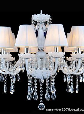 10头白玉色蜡烛灯带帽白色水晶吊灯带罩酒店工程客房灯客厅卧室