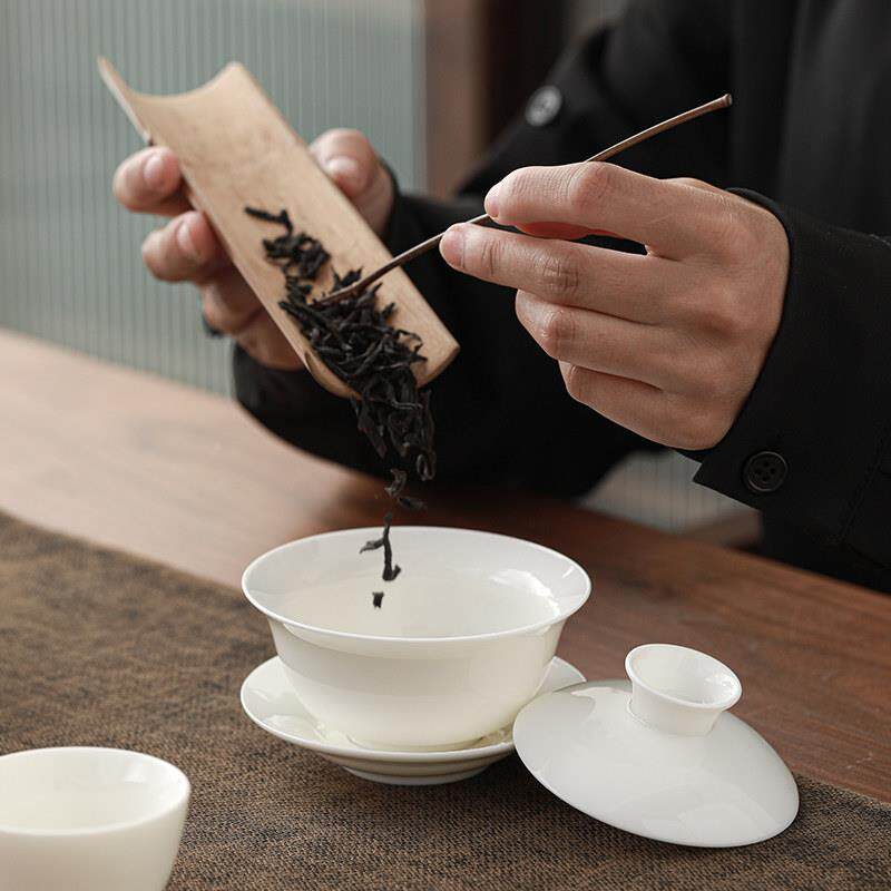 三才盖碗碗白瓷功夫具茶茶泡碗羊脂玉薄胎敬茶送两功F0032夫茶杯