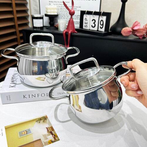 一体双耳小锅18/10不副食品锅早钢小汤锅泡锈面 餐面锅