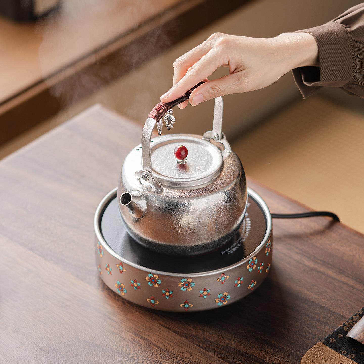 UQP宝相花器鎏银陶钛瓷电陶炉煮茶茶炉煮茶茶壶家用纯泡烧水壶套