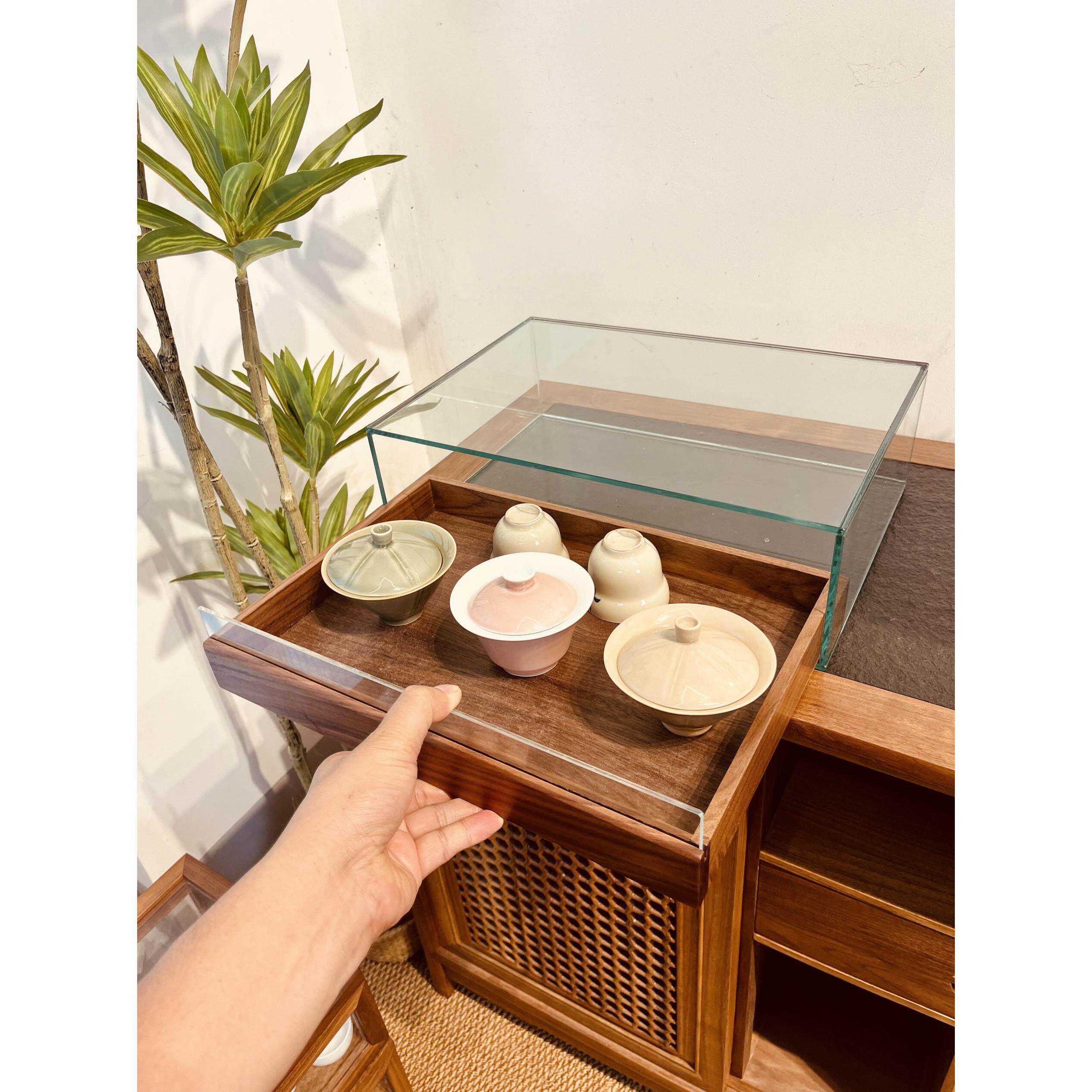 黑胡桃木实木纳防钢化玻璃桌面收盒茶科具文LDF玩饰品尘收纳展示