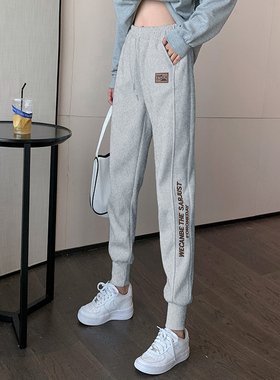 速发灰色束脚运动休2024新款大码卫裤高腰宽松哈裤裤伦闲长裤子