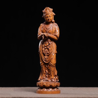 速发叶古做旧小仿黄杨木精雕唐式观音菩萨古玩旧藏摆件家居装工品