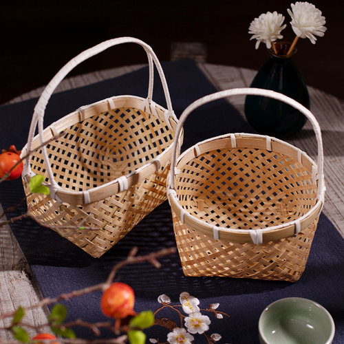 速发桂味古竹编镂空提篮迷你复源果篮茶室收纳蛋食竹篮鸡零篮子竹