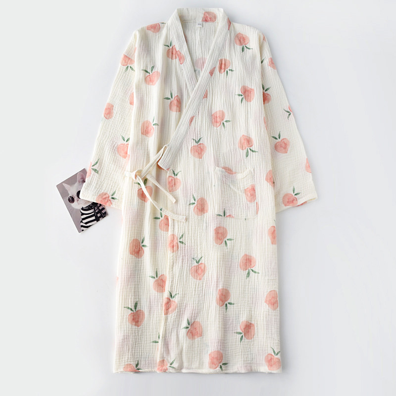 速发全棉桃子棉布睡袍和服浴袍春薄夏季纯绉纱布双层秋款家居服睡