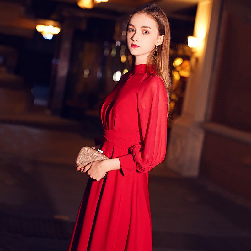 速发红色贵礼服裙高级感高晚优雅长款结婚宴会平时可服敬酒穿连衣