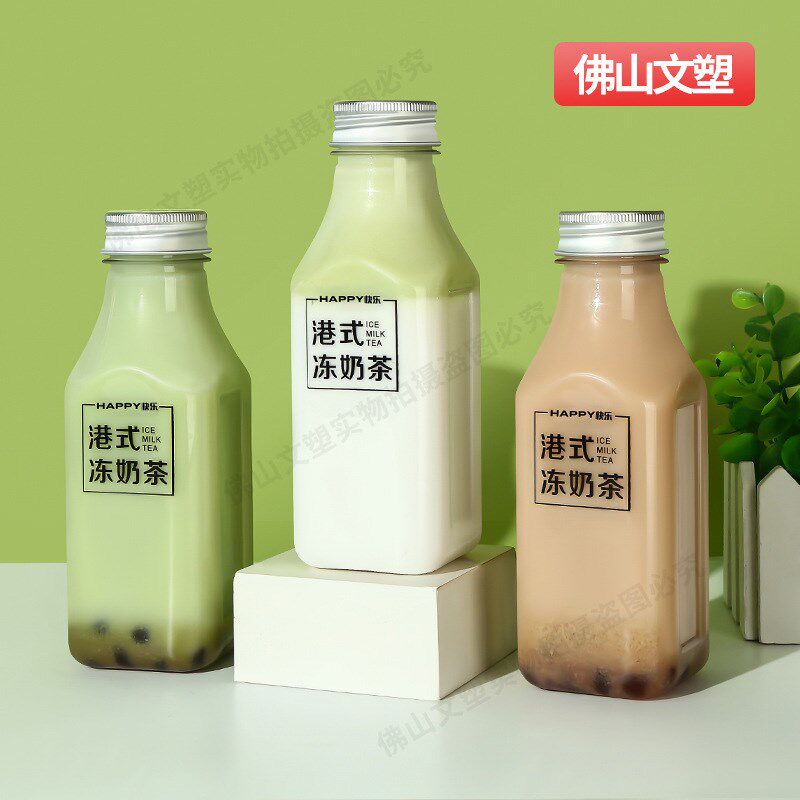 速发果汁瓶一次级塑料透明性带盖pet方形空港式奶茶饮料瓶子