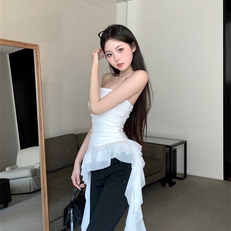 现货速发荷叶边无袖抹胸背心夏季设计感纯欲辣妹不规则短款上衣外