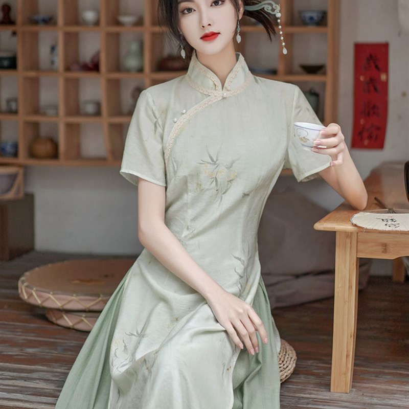 速发新装式改禅意中国风连衣裙茶服茶艺师服装汉服套中装良旗袍夏