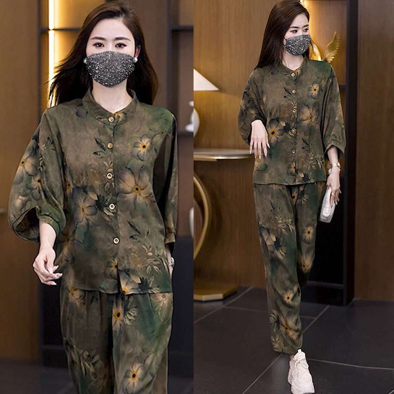 速发大码装国风时尚套装夏220季5新款洋气休闲上衣宽阔松腿裤两件