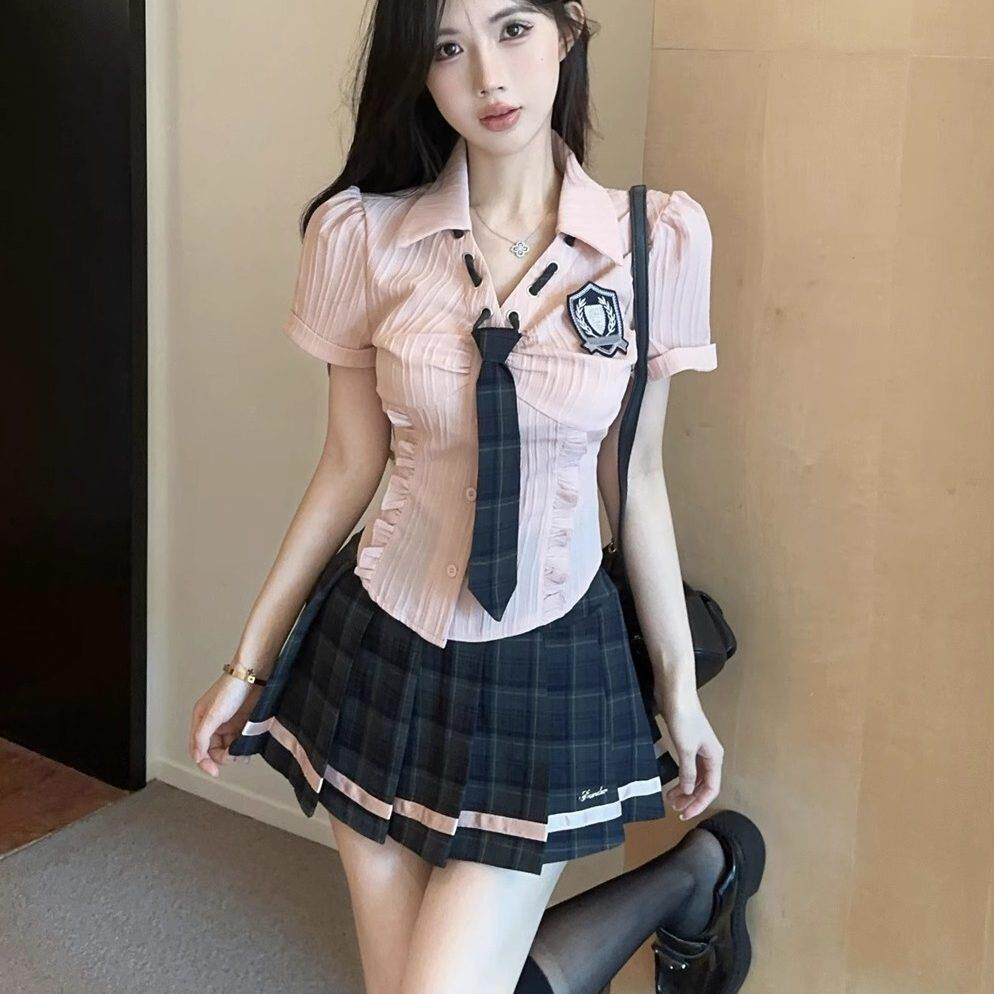 美式学院风k制服时辣妹修身纯欲短袖件领jDZN带衬衫格子百褶尚裙