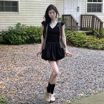 黑新色假件洋装子女夏205款针织配坎肩C7L55146短袖a字披肩花2苞