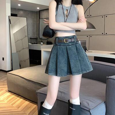 大尺码个子牛仔半短裙女8851LL夏天m胖小m高腰显身瘦a字独特百褶