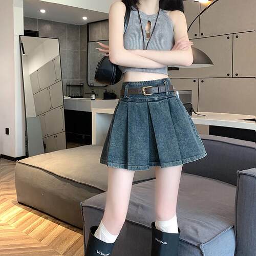 大尺码个子牛仔半短裙女8851LL夏天m胖小m高腰显身瘦a字独特百褶