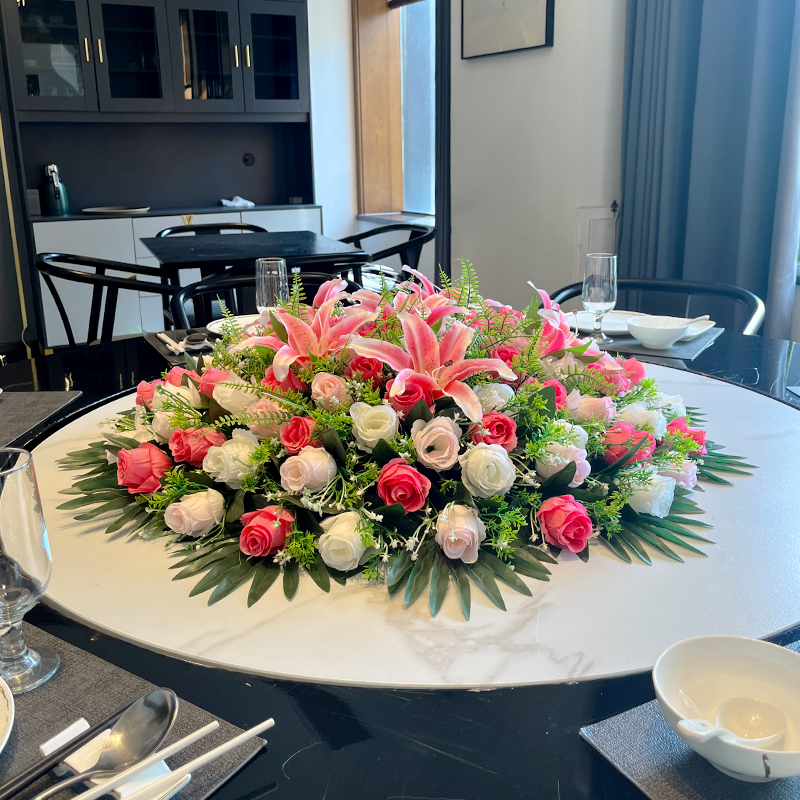 高档餐桌花摆花酒店桌子彷真花摆设轻奢装饰花圆桌中间转盘花摆件
