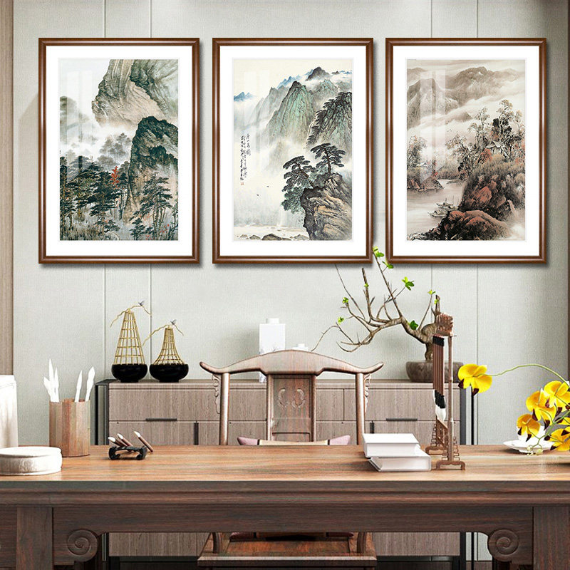 三联有框画中式风景山水画办公室教室书房现代客厅装饰墙挂画壁画