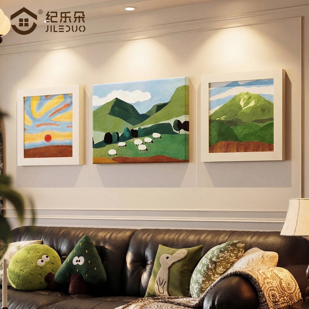 绿色风景客厅三联画2026新款砂岩挂画清新治愈系沙发背景墙装饰画