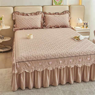 新款 通用 柔感磨毛花边夹棉床裙三件套公主风防滑床罩带裙边四季