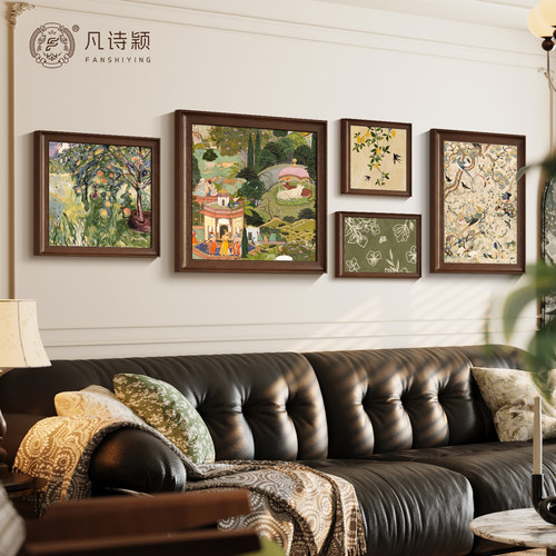 中古风客厅装饰画花园法式复古沙发后面背景墙挂画绿色植物组合画
