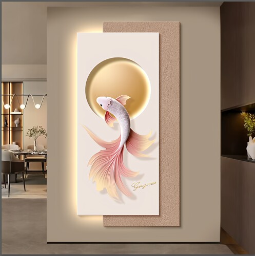 锦鲤好寓意入户正对门玄关装饰画带灯轻奢高级感走廊过道挂画新款
