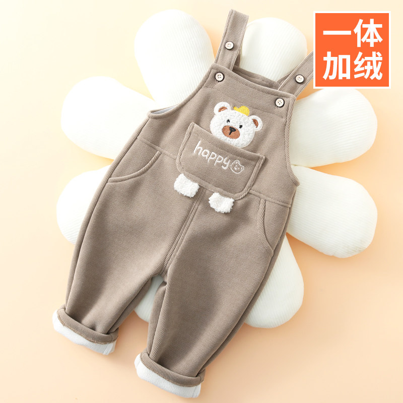 宝宝加绒背带裤秋冬新款可开裆男童秋装一岁女童儿童婴儿秋季裤子