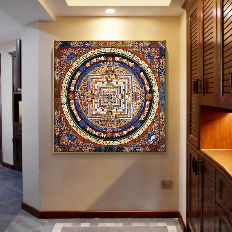 黑金唐卡装饰画西藏坛城佛堂心经挂画财神新中式客厅玄关走廊壁画图片