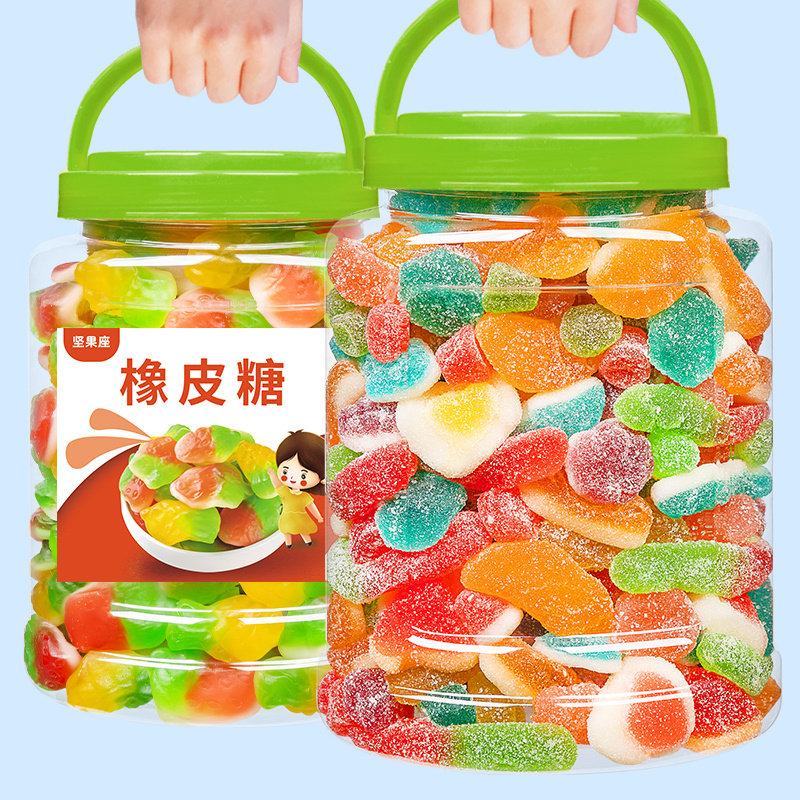 大罐装500g橡皮软糖糖果汁酸沙软糖涂油糖混合装QQ糖水果味