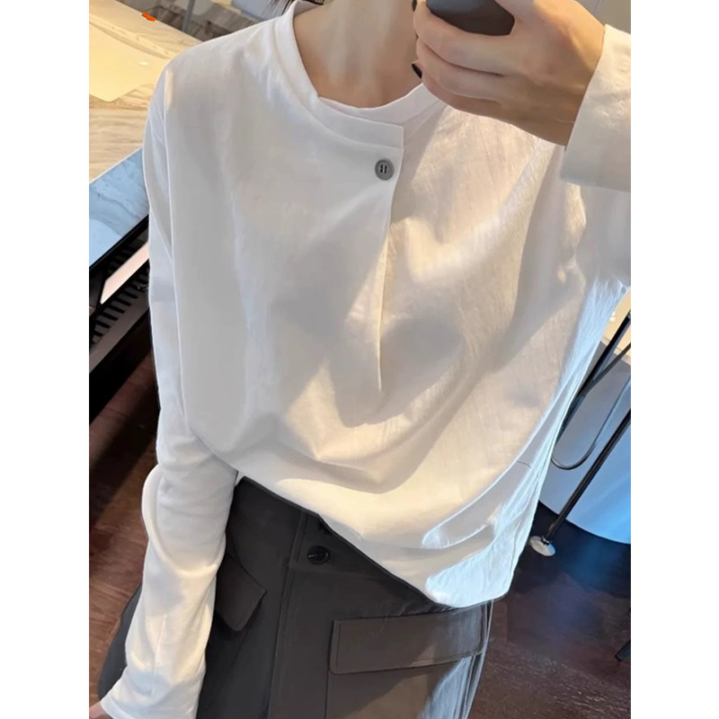速发纯棉一粒扣白色长袖t恤女2025春季新款内搭宽松打底衫设计感