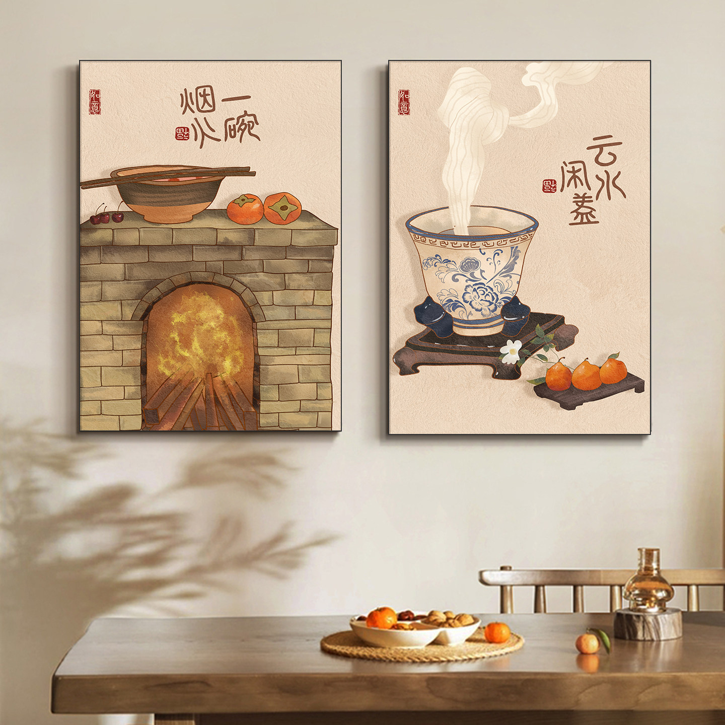 新中式餐厅装饰画饭厅民宿玄关日式挂画厨房客厅三餐四季柿柿如意
