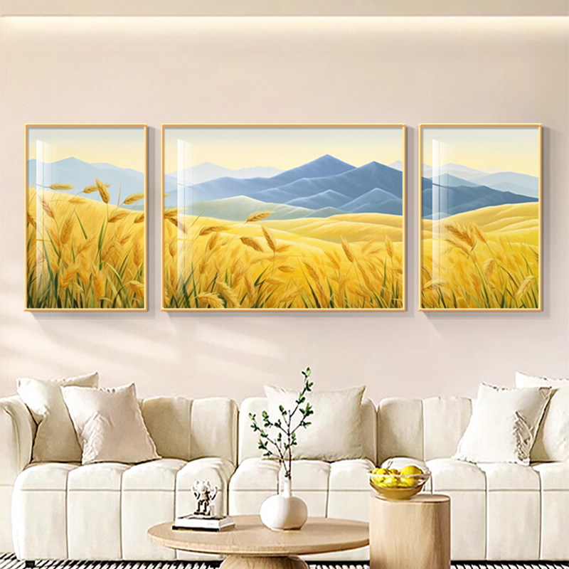 黄金满地麦穗客厅装饰画穗穗平安三联挂画高档大气沙发背景壁画