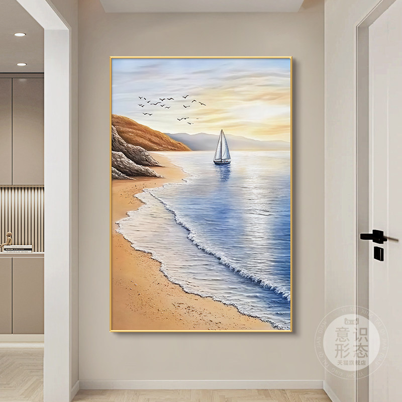 一帆风顺手绘油画竖版奶油风海浪玄关装饰画肌理感入户正对门挂画