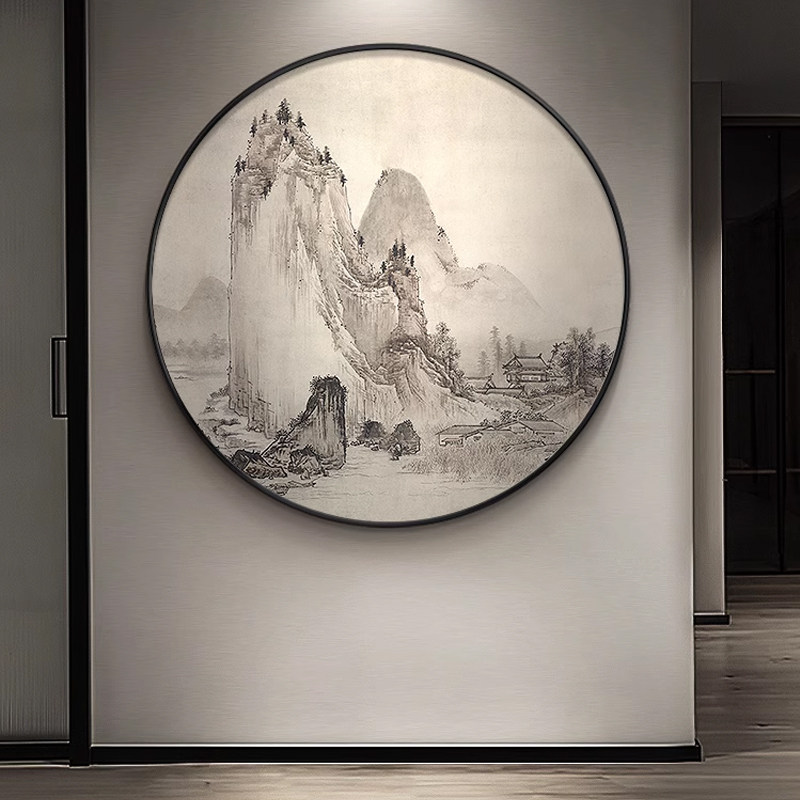 圆形山水装饰画新中式餐厅背景墙风景挂画茶室水墨画玄关走廊壁画