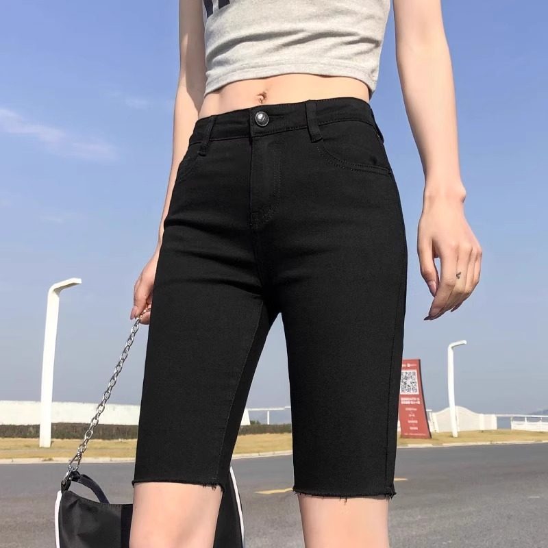 速发黑色紧身骑行五分裤牛仔短裤女2024夏季新款破洞高腰弹力中裤
