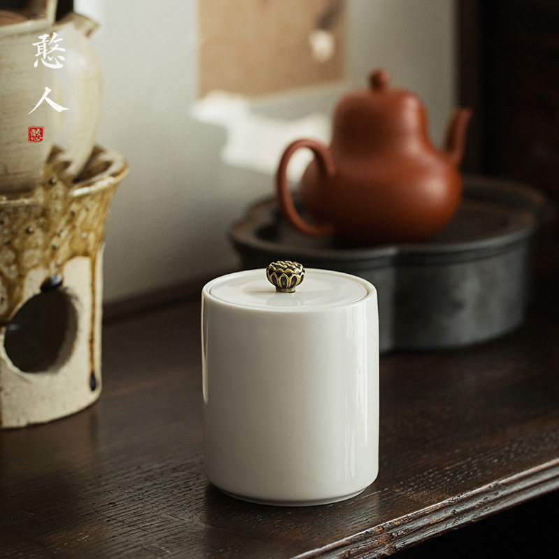 速发憨人白瓷醒茶罐茶叶罐 陶瓷密封罐子小号家用茶仓便携茶具小