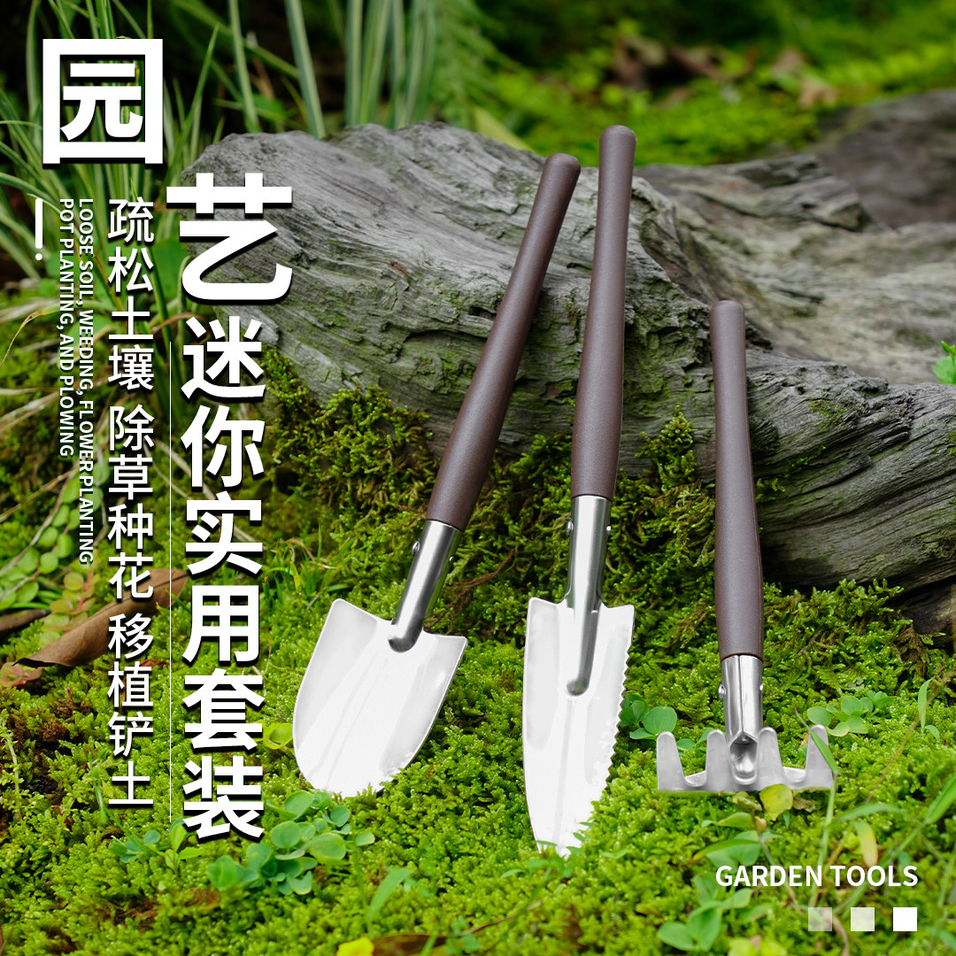 速发家用迷你花铲专用工具不锈钢三件套多肉种菜专用工具小铲子铁