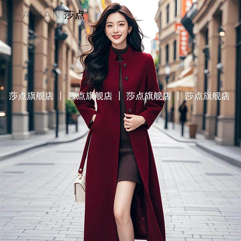 速发安可拉红毛呢大衣女秋冬新款过膝长版收腰高端气质呢子外套