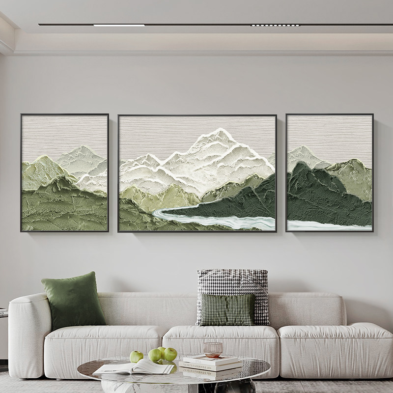 侘寂风客厅装饰画背有靠山肌理画沙发背景墙挂画风景新款三联壁画