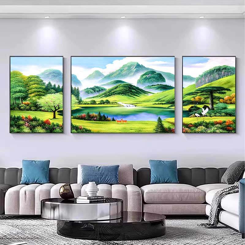山水画客厅装饰画三联画大气2025新款现代简约挂画沙发背景墙壁画