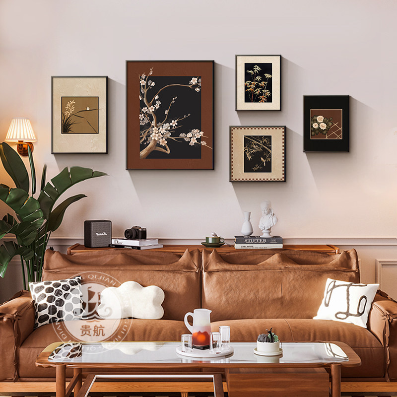 中古风梅兰竹菊客厅组合装饰画法式复古挂画美拉德沙发背景墙壁画