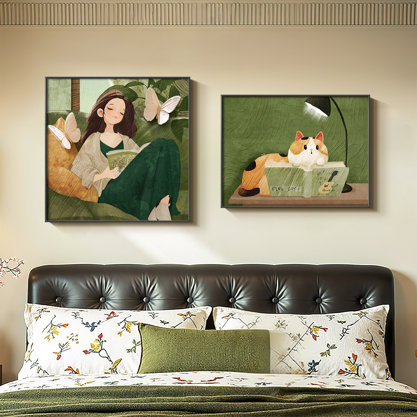 看书女孩房间卧室装饰画中古风复古床头壁画绿色小众艺术主卧挂画