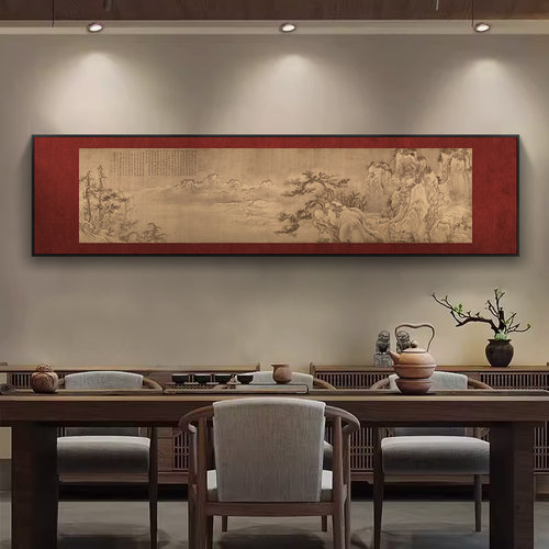 客厅背景墙壁装饰画办公室背后有靠山挂画红色山水中古风茶室软装