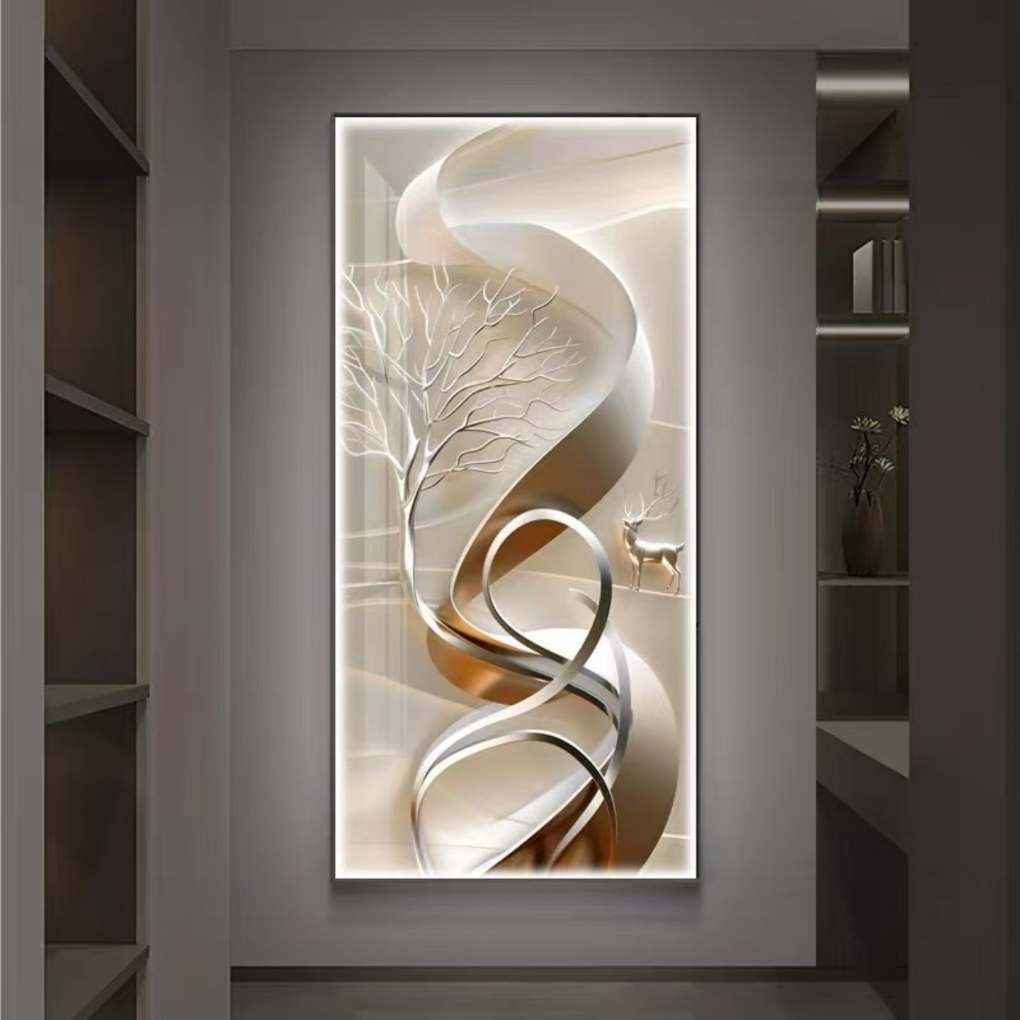 欧式现代极简风玄关装饰画入户正对门轻奢高级感壁画竖版挂画带灯
