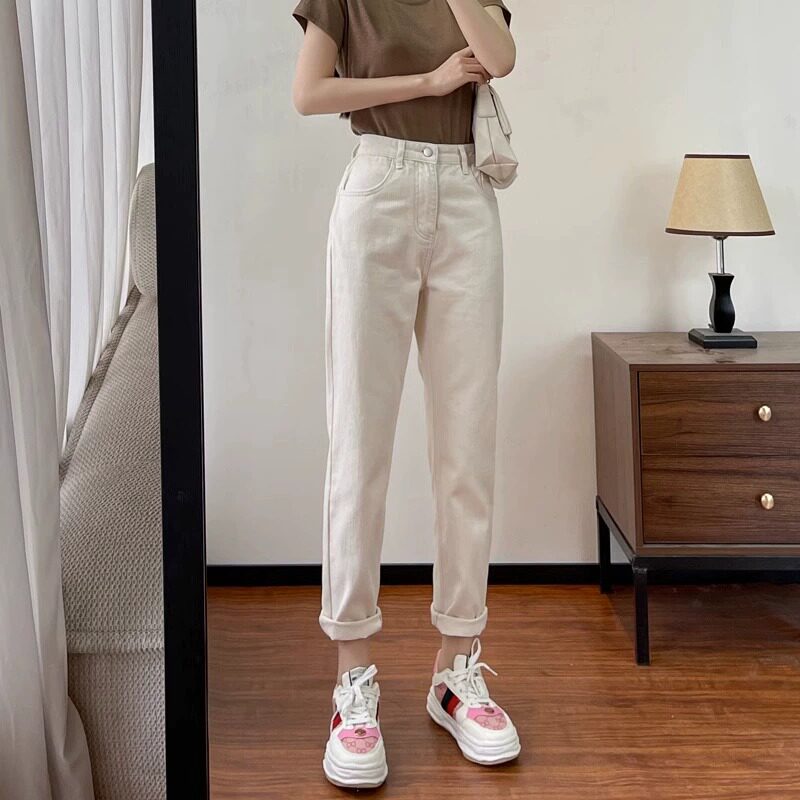 速发米白色哈伦牛仔裤女2023年新款高腰春秋直筒宽松九分休闲裤子