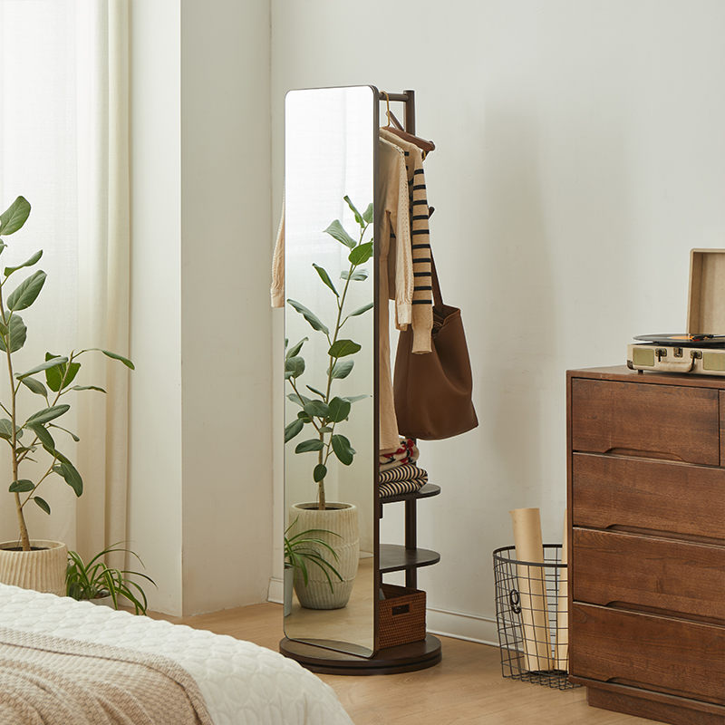 实木全身镜落地镜家用镜子全身镜卧室可旋转全身镜带衣帽架一体