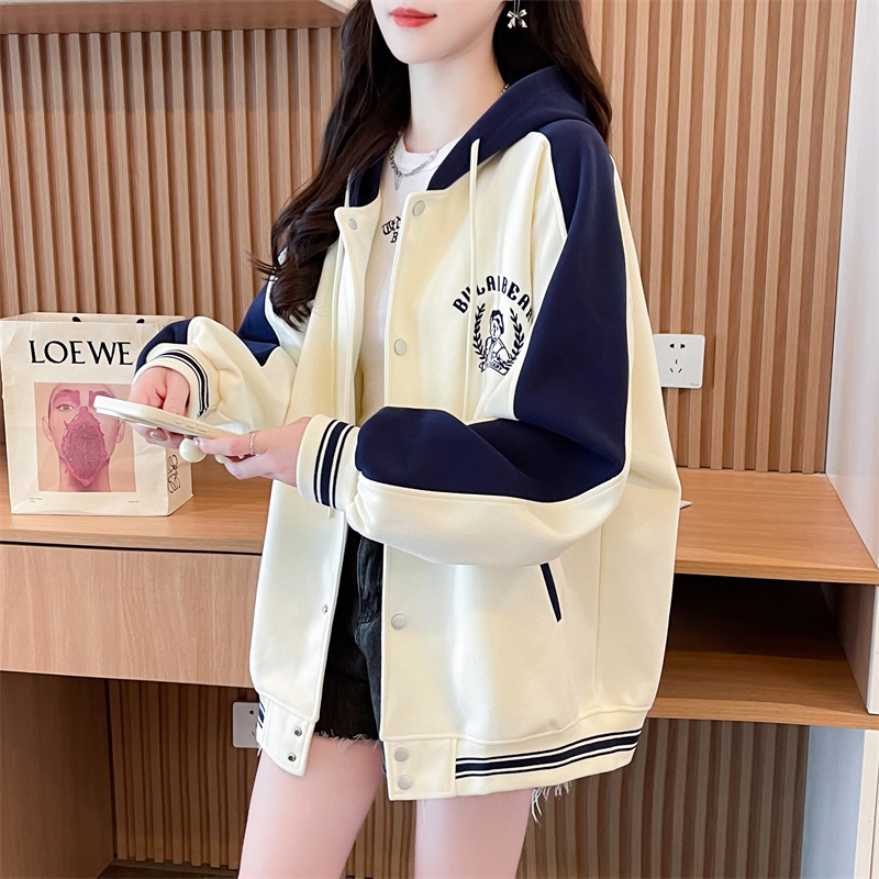 小个子棒球服连帽外套女春秋季韩版宽松大码薄款百搭撞色开衫卫衣