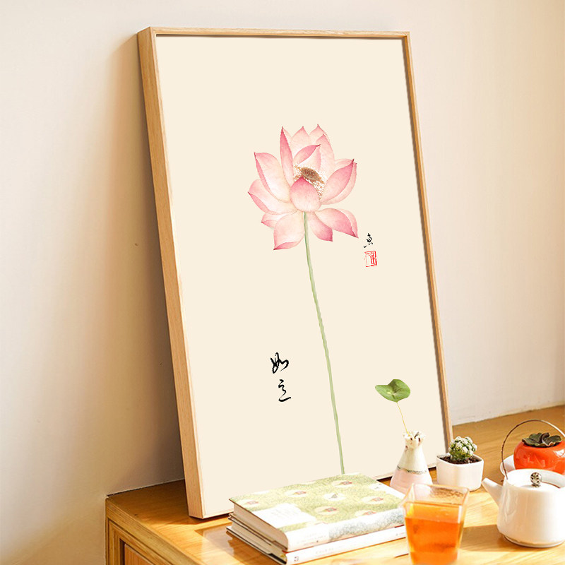新中式客厅装饰画餐厅壁画日式原木风玄关挂画中式荷花背景墙禅意