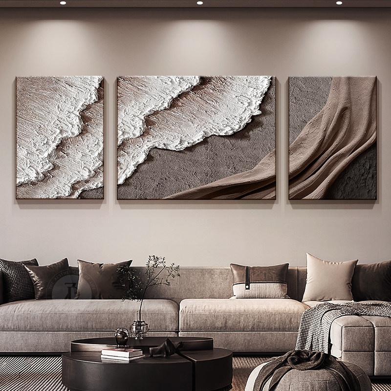 高级感客厅装饰画立体浮雕肌理感沙发背景墙挂画抽象海浪三联壁画