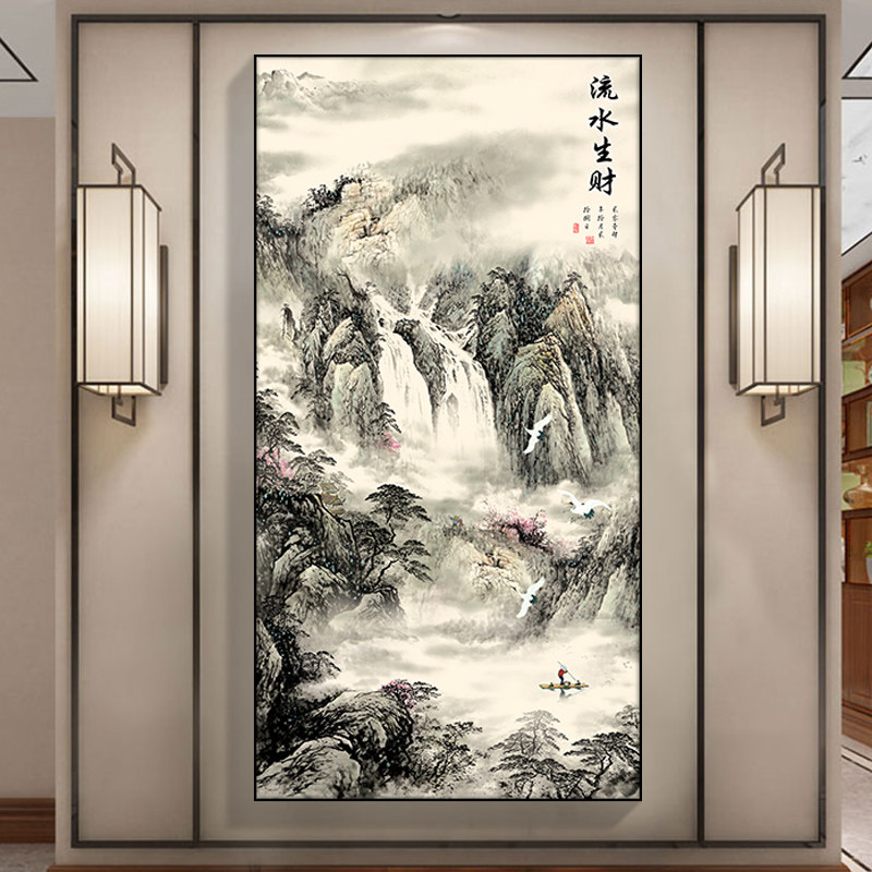 新中式玄关装饰画竖版山水挂画中国风招财走廊墙壁画
